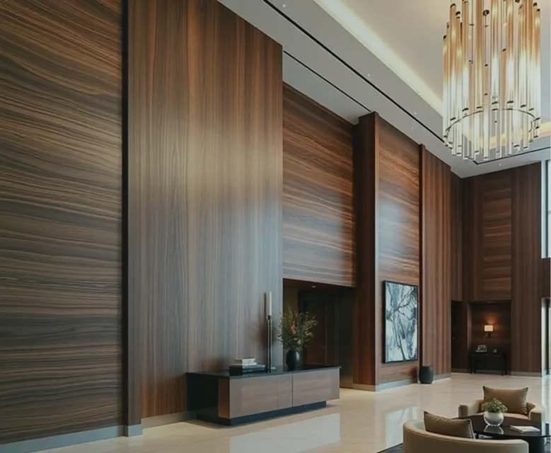 architectural walnut wood wall paneling in luxury hotel lobby (1) (1)