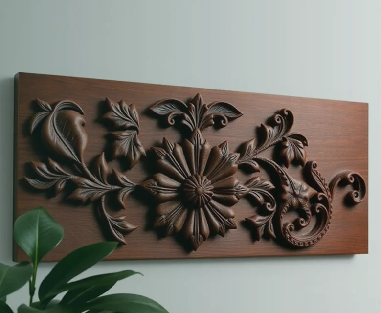 detailed carved walnut wood decorative panel art piece (1)