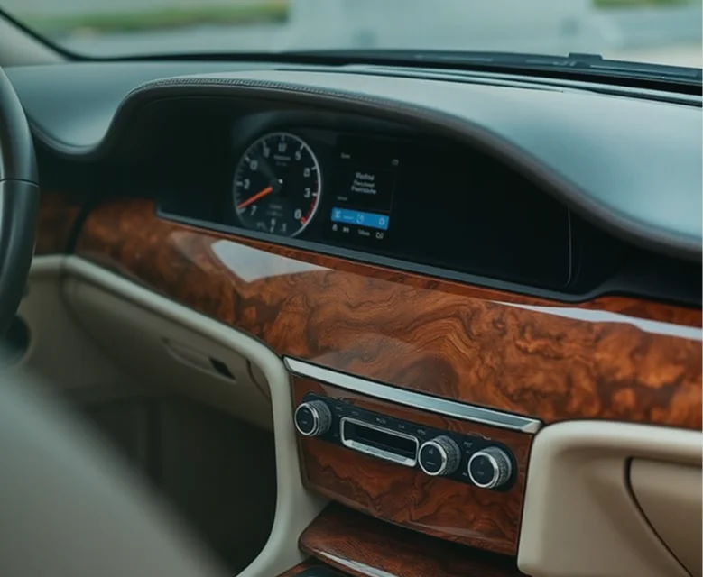 luxury car interior with walnut wood trim dashboard (1)