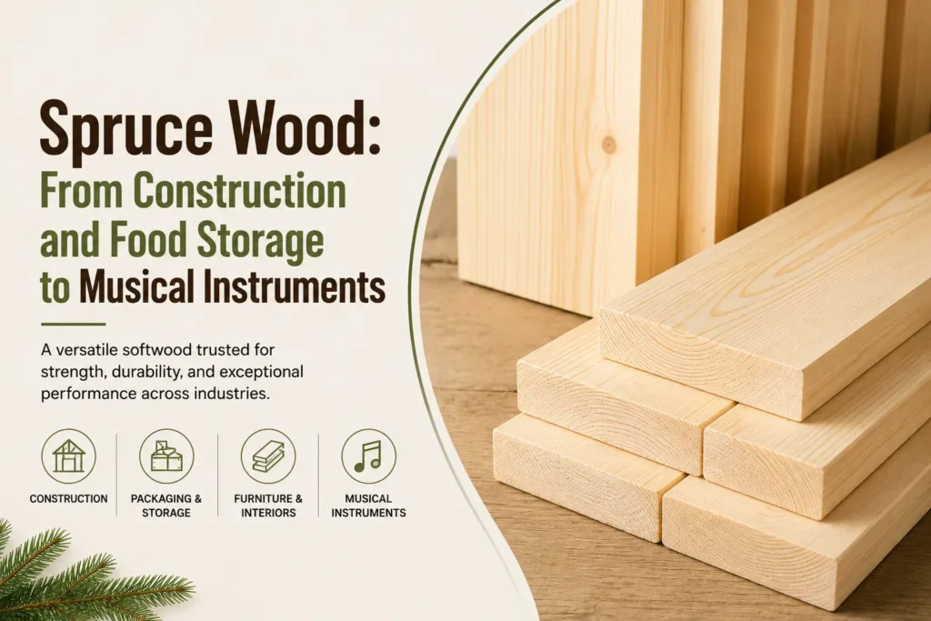 Spruce wood planks used for construction, furniture, food storage crates, and musical instruments by Bansal Forest Products.